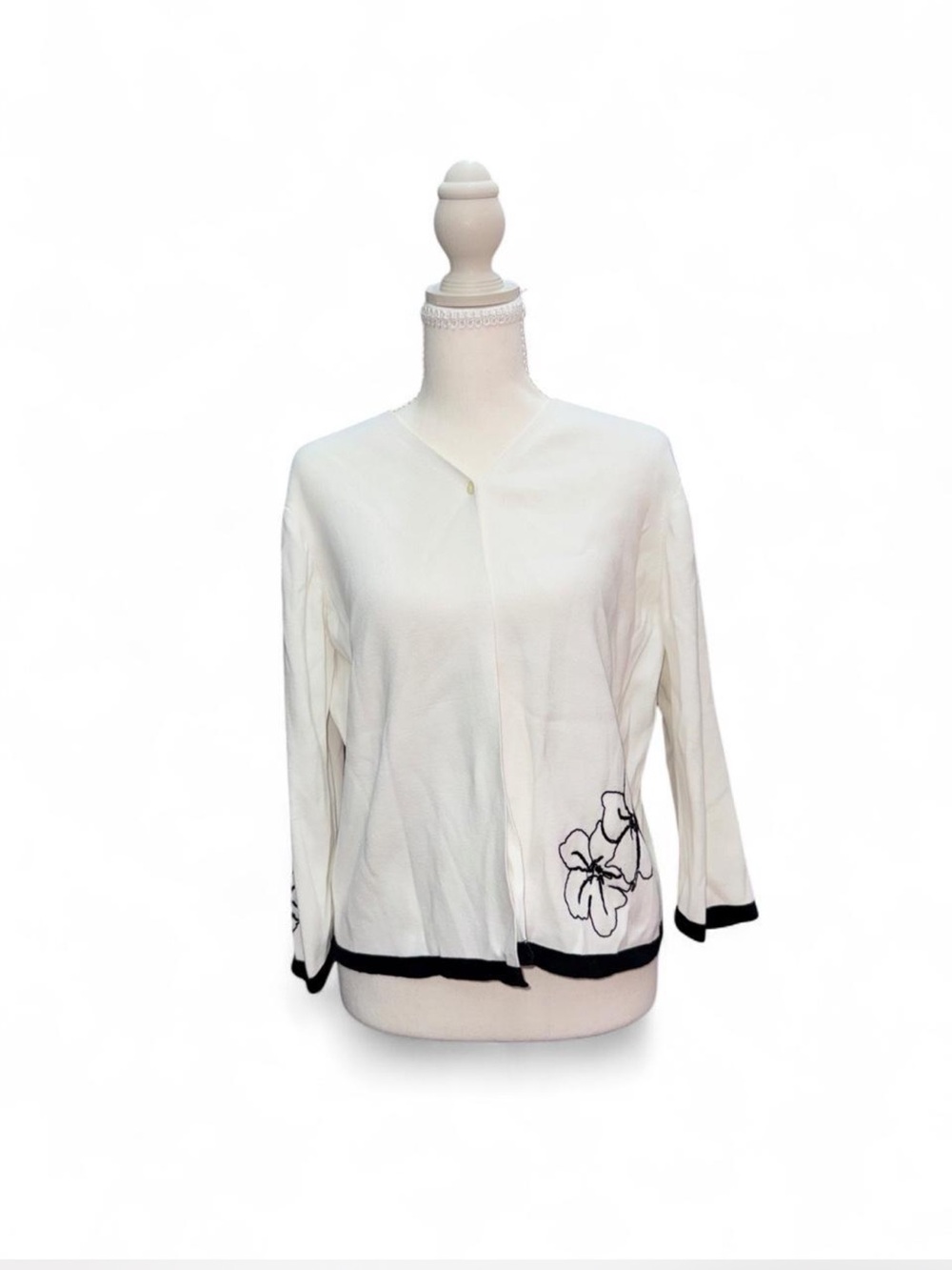 Vintage Liz Claiborne White Cardigan with Black Floral Trim Embroidery